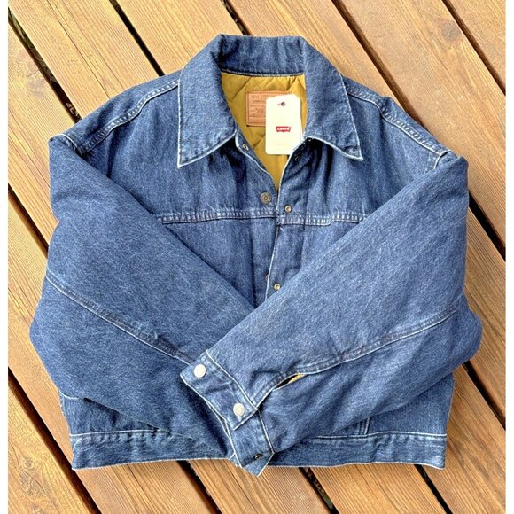 Levi's Women's Reversible Trucker Bubble Big E Dark Denim Jacket Size XL - Picture 1 of 13